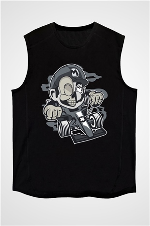 Mario Skull Karting Racer Baskılı Siyah Unisex Kolsuz Tişört
