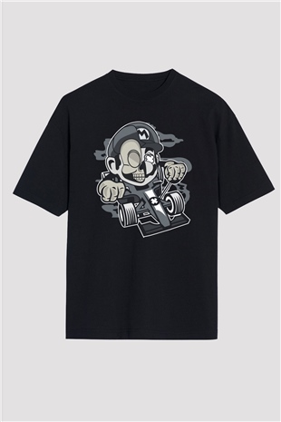 Mario Skull Karting Racer Baskılı Siyah Unisex Oversize Tişört