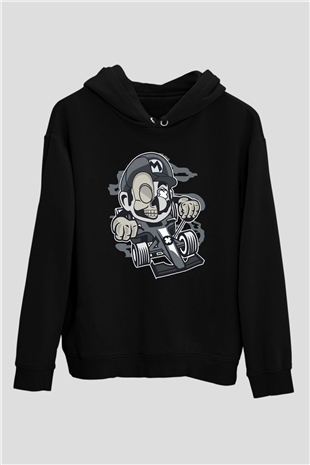 Mario Skull Karting Racer Baskılı Siyah Unisex Hoodie