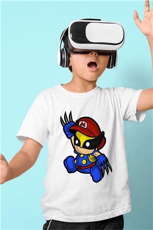 Mario Wolverine Baskılı Beyaz Unisex Çocuk Tişört