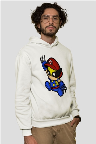 Mario Wolverine Baskılı Beyaz Unisex Hoodie