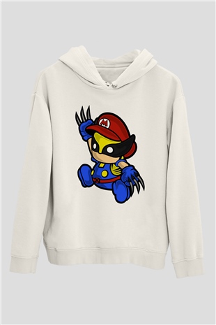 Mario Wolverine Baskılı Beyaz Unisex Hoodie