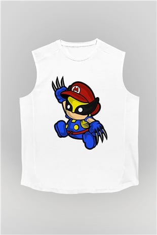 Mario Wolverine Baskılı Beyaz Unisex Kolsuz Tişört
