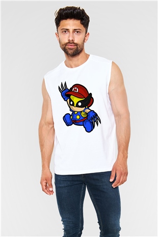 Mario Wolverine Baskılı Beyaz Unisex Kolsuz Tişört