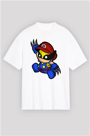 Mario Wolverine Baskılı Beyaz Unisex Oversize Tişört