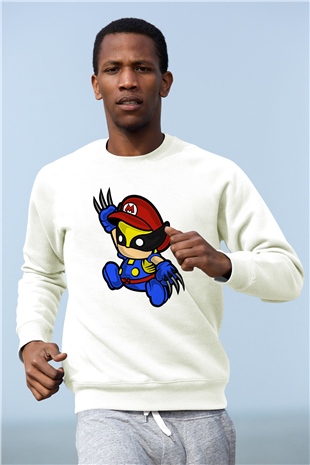 Mario Wolverine Baskılı Beyaz Unisex Sweatshirt