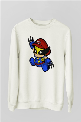 Mario Wolverine Baskılı Beyaz Unisex Sweatshirt