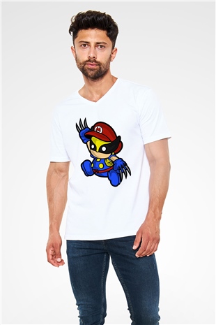 Mario Wolverine Baskılı Beyaz Unisex V Yaka Tişört