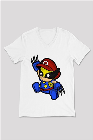 Mario Wolverine Baskılı Beyaz Unisex V Yaka Tişört