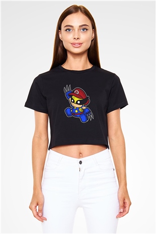 Mario Wolverine Baskılı Siyah   Crop Top Tişört