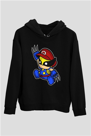 Mario Wolverine Baskılı Siyah Unisex Hoodie