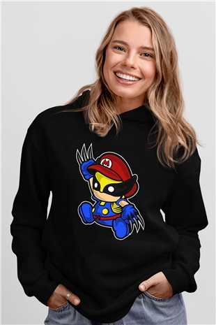 Mario Wolverine Baskılı Siyah Unisex Hoodie