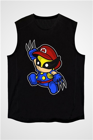 Mario Wolverine Baskılı Siyah Unisex Kolsuz Tişört