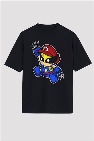 Mario Wolverine Baskılı Siyah Unisex Oversize Tişört
