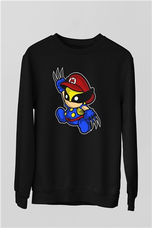 Mario Wolverine Baskılı Siyah Unisex Sweatshirt