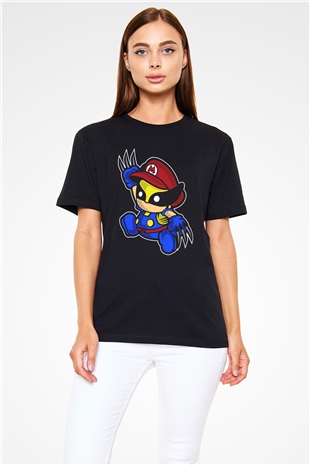 Mario Wolverine Baskılı Siyah Unisex Tişört