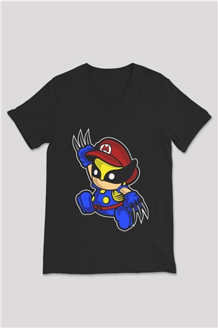Mario Wolverine Baskılı Siyah Unisex V Yaka Tişört