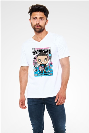 Mark Hoppus Blink 182 Baskılı Unisex Beyaz V Yaka Tişört