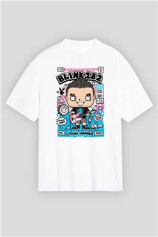 Mark Hoppus Blink 182 Baskılı Unisex Beyaz Oversize Tişört