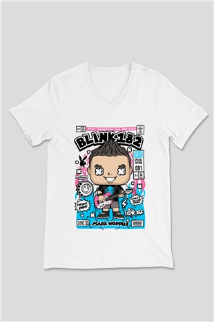 Mark Hoppus Blink 182 Baskılı Unisex Beyaz V Yaka Tişört