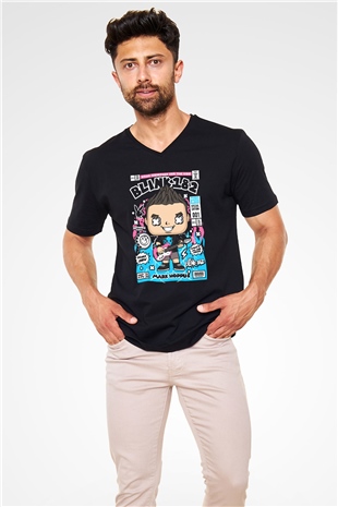 Mark Hoppus Blink 182 Baskılı Unisex Siyah V Yaka Tişört