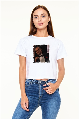 Marlon Brando Baskılı Beyaz Kadın Crop Top Tişört