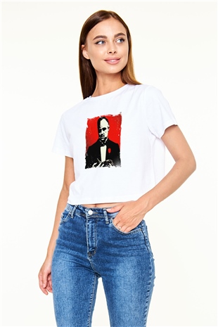 Marlon Brando Baskılı Beyaz Kadın Crop Top Tişört