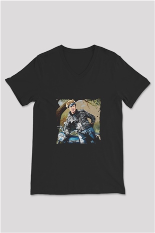 Marlon Brando Baskılı Unisex Siyah V Yaka Tişört