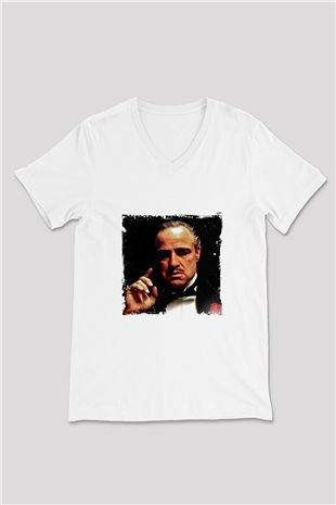 Marlon Brando Baskılı V Yaka Unisex Beyaz Tişört