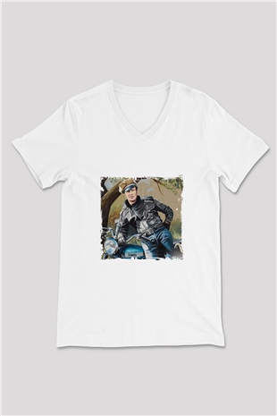 Marlon Brando Baskılı V Yaka Unisex Beyaz Tişört