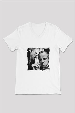 Marlon Brando Baskılı V Yaka Unisex Beyaz Tişört