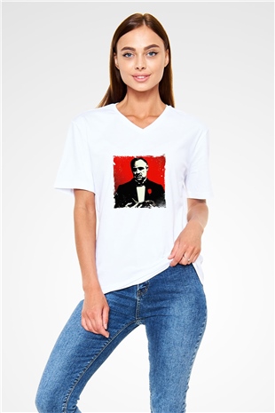 Marlon Brando Baskılı V Yaka Unisex Beyaz Tişört