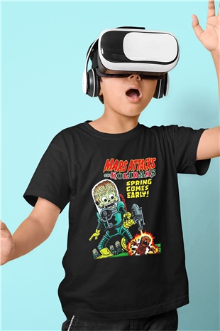 Mars Attacks Baskılı Siyah Unisex Çocuk Tişört