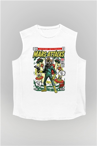 Mars Attacks Baskılı Unisex Beyaz Kolsuz Tişört