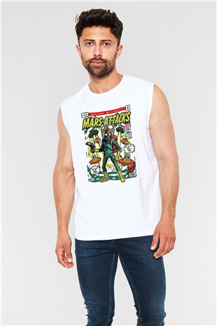 Mars Attacks Baskılı Unisex Beyaz Kolsuz Tişört
