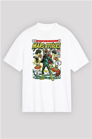 Mars Attacks Baskılı Unisex Beyaz Oversize Tişört