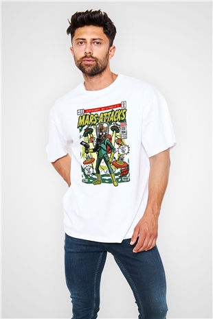Mars Attacks Baskılı Unisex Beyaz Oversize Tişört