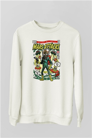 Mars Attacks Baskılı Unisex Beyaz Sweatshirt