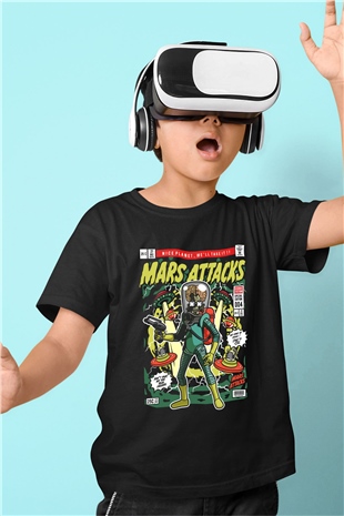 Mars Attacks Baskılı Unisex Siyah Çocuk Tişört
