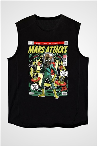 Mars Attacks Baskılı Unisex Siyah Kolsuz Tişört