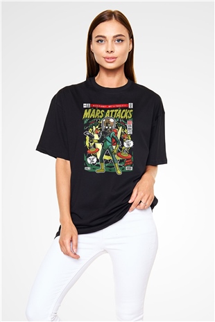 Mars Attacks Baskılı Unisex Siyah Oversize Tişört