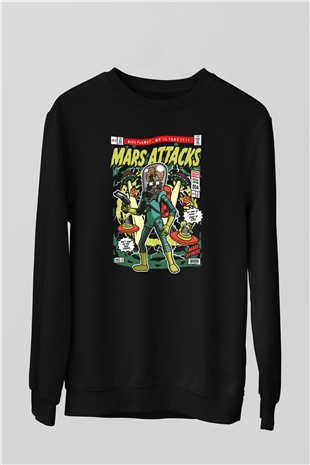 Mars Attacks Baskılı Unisex Siyah Sweatshirt