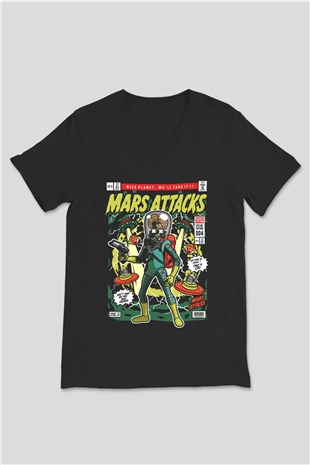 Mars Attacks Baskılı Unisex Siyah V Yaka Tişört