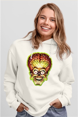 Mars Attacks Beyaz Unisex Kapşonlu Sweatshirt
