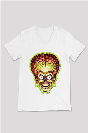 Mars Attacks Beyaz Unisex V Yaka Tişört