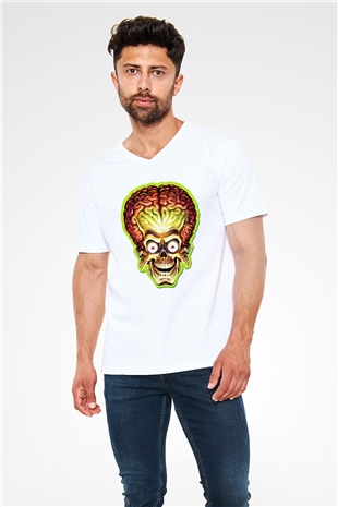 Mars Attacks Beyaz Unisex V Yaka Tişört