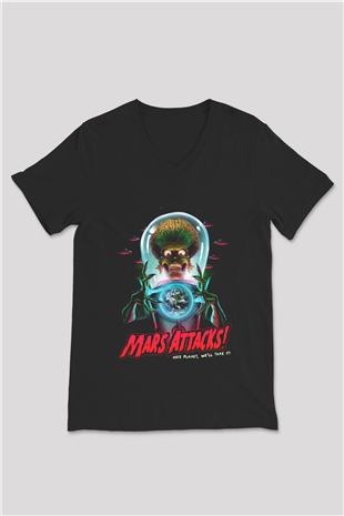 Mars Attacks Siyah Unisex V Yaka Tişört