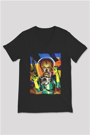 Mars Attacks Siyah Unisex  V Yaka Tişört