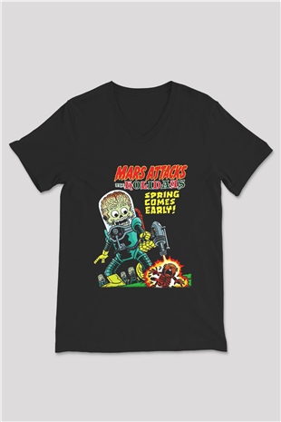 Mars Attacks Siyah Unisex V Yaka Tişört