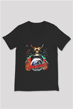 Mars Attacks Siyah Unisex V Yaka Tişört